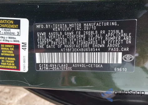 2011 Toyota Camry Xle z USA, uszkodzony, nr VIN 4T1BF3EK4BU658544
